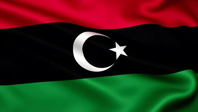 The Libyan flag waving, showing the crescent moon and star emblem.