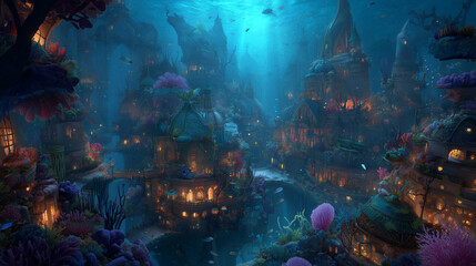 Enchanting fantasy illustration depicting an underwater city filled with glowing coral reefs, vibrant sea life, and magical lighting. Perfect backdrop for fantasy-themed games, animations