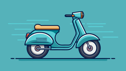 Obraz premium A blue scooter with a yellow seat is parked on a blue background. The scooter is parked in a way that it is in motion, as if it is about to start moving