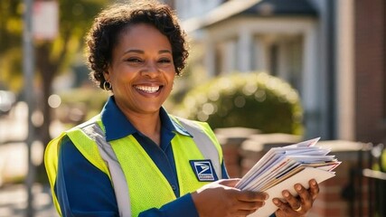 Smiling Mail Carrier Delivering Letters in a Sunny Neighborhood, a Dedicated Professional Providing Essential Community Service