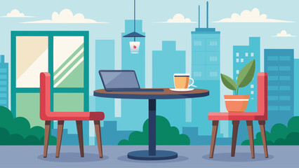 A laptop is on a table in front of a window. A cup of coffee is on the table next to the laptop. The room is decorated with a potted plant and a chair. The scene is set in a cozy