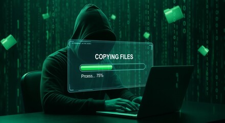 Hacker hands Data transfer File copying process laptop screen. Cybercrime, hacking digital breach, theft, and illegal activity.Concept digital Technology cybersecurity.