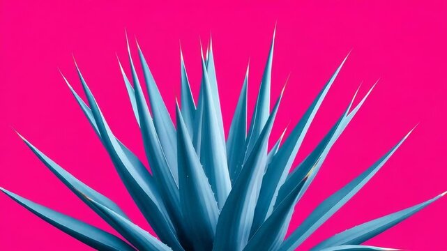 A striking blue agave plant with sharp leaves stands out against a vibrant pink background