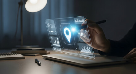 Hand interacts with a glowing transparent screen displaying advanced digital data and geographic information.