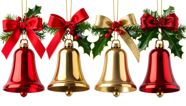 Set of Christmas bells in various sizes and designs, adorned with festive ribbons, holly leaves, and golden accents. Isolated on a transparent png background