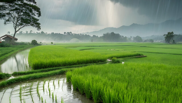 Monsoon Rain Over Lush Paddy Fields