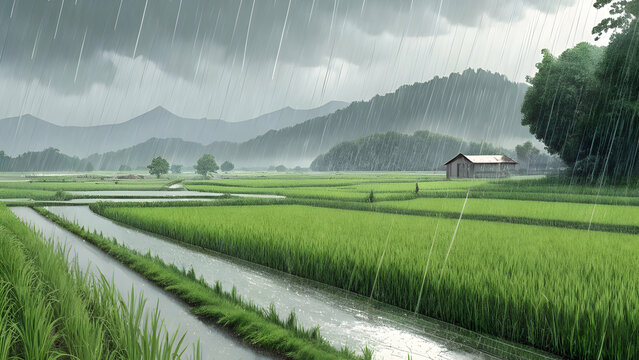 Monsoon Rain Over Lush Paddy Fields