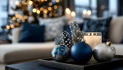 A cozy holiday setting featuring elegant blue and silver Christmas ornaments and a candle on a dark table, with a beautifully lit tree in background.