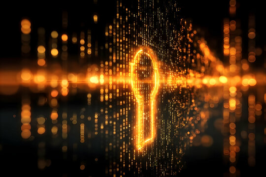 A glowing golden keyhole surrounded by digital particles, symbolizing security and the unlocking of new technological possibilities.