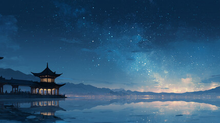 Obraz premium Starry Night Reflection: Ancient Chinese Pavilion on a Serene Lake