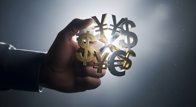 A human hand powerfully grasps a collection of diverse global currency symbols illuminated by bright light
