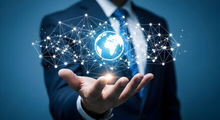 Hand cradles a vibrant global network, illustrating worldwide connectivity and technological advancement