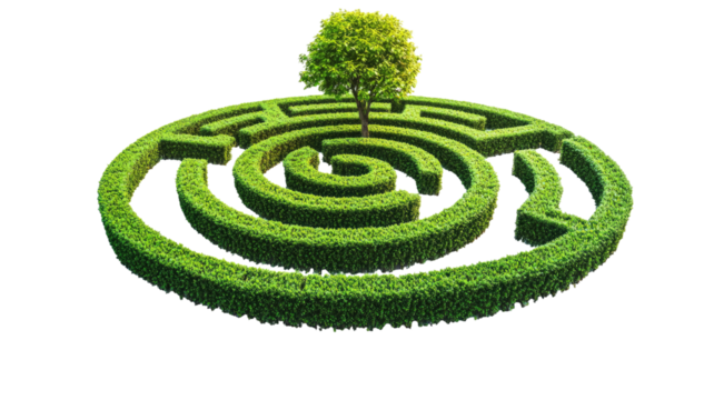Circular Green Maze with High Hedges Spiral Garden Labyrinth Design on White Background
