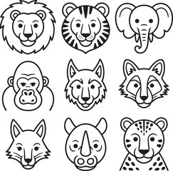 Nine stylized wild animal heads including lion tiger elephant gorilla wolf fox rhino cheetah vector
