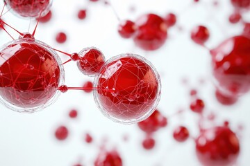 Red spherical structures interconnected by a network of lines.