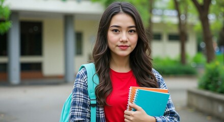 Enthusiastic Student Embraces Education A Portrait of Academic Life and Determination for Success on College Campus with Notebooks, Backpack, and Vibrant Red Top, Full of Optimism - back to school