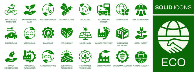 Eco icon set. Collection of ecology, biodiversity, green, solar panel, leaf and more. Vector illustration. Easily changes to any color.