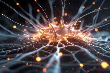 Glowing AI Neuron Cell Activating Brain Impulses