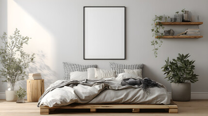 Black border frame mockup with ISO A3 poster, guest room interior mockup with low bed and neutral palette, soft daylight, Japandi styling with wall-mounted frame, 3D render
