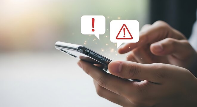 Close up of hands holding smartphone with red warning notification icons mobile