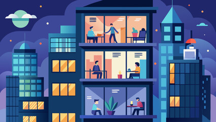 A cityscape with a group of people working in an office building. Scene is busy and bustling