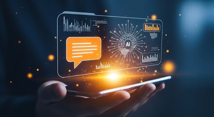 Hand holding smartphone displaying A I brain and data charts with orange chat bubble technology artificial