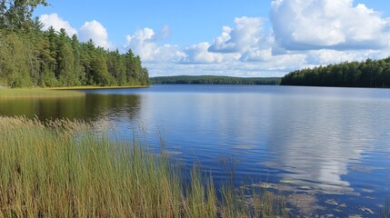 Obraz premium Serene lake view, reflecting sky and fluffy clouds, surrounded by lush green vegetation and tranquil water