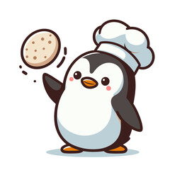 Cartoon penguin chef tossing a cookie. Perfect for bakery marketing, cooking blogs, or children's culinary education programs.
