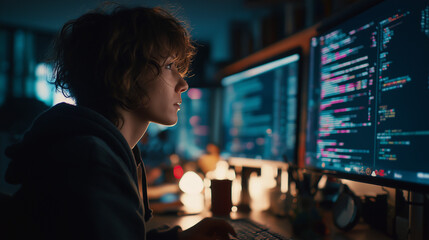 Young programmer working late at night on a computer.  Focus on the person's profile, lit by screen glow.