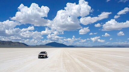 Art car silhouette rolling through dry playa with open horizon for text