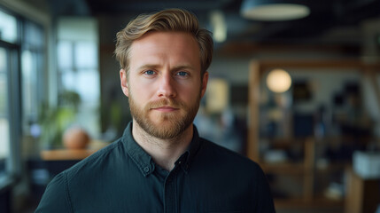 Portrait of confident man wearing black shirt standing in modern office interior. Blurred background with natural light, professional appearance, business setting, and contemporary environment.