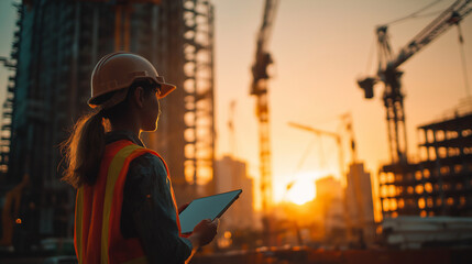 Female engineer using tablet at construction site during sunset.  Focus on the woman, background blurred.