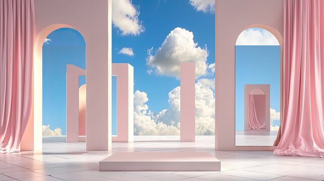 Artistic installation of mirrors and fabric reflecting sky, with text area