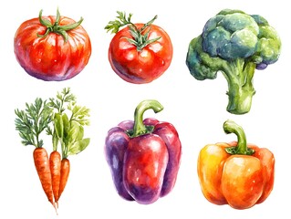 A set of watercolor depictions of bell peppers and broccoli, glowing with health, Clipart isolated minimal with white background