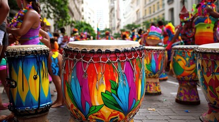 Fototapeta premium Carnival drum decorated with vivid colors resting on parade street, copy area above