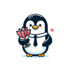 Obraz premium Charming penguin in a suit holding a bouquet of sausages, in a playful and humorous cartoon design