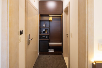 Hotel room entrance with wardrobe area