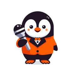Obraz premium Penguin performer in an orange tuxedo holding a microphone, cheerful and ready to entertain.
