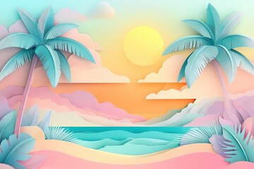 Pastel colored paper cut-out scene of a tropical beach at sunset.
