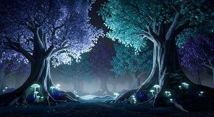 Mystical night forest scene with glowing blue and green mushrooms, ancient twisted trees, dense fog, and soft celestial light illuminating a peaceful, magical, enchanted environment