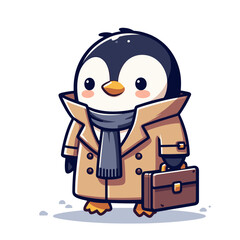 Obraz premium Business penguin with briefcase in beige coat. Great for corporate services and professional consulting firms.