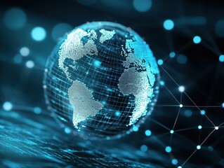 Engineer discussing project concept. Digital representation of a globe with glowing connections and a blue background.