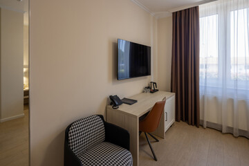 Modern hotel room work desk area