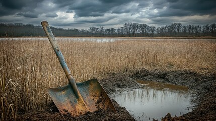 Shovel Near Water Body in Marshy Landscape with Dark Clouds Above