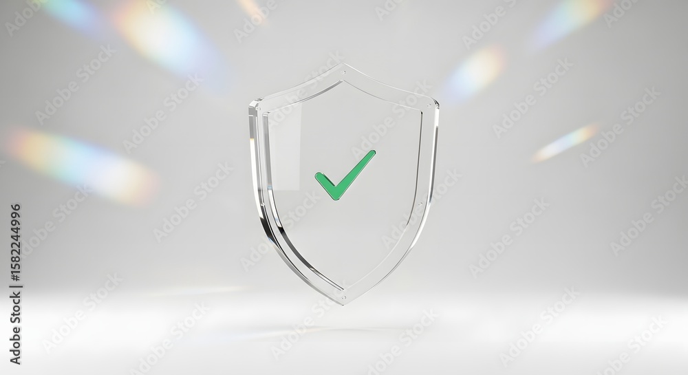 Fototapete a transparent glass shield with a green check mark and subtle colorful light reflections, representi