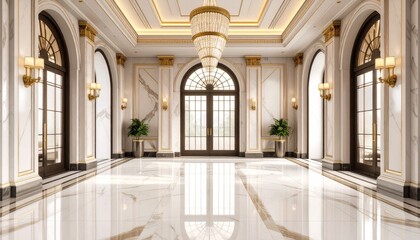 A grand interior lobby features polished marble floors, arched windows, an ornate chandelier, decorative wall panels, and symmetrical potted plants—evoking luxury, elegance, and serene opulence.
