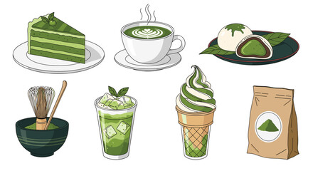 A collection of delicious matcha desserts and beverages represented in pixel art style