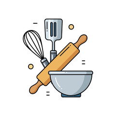 Baking utensils: whisk, spatula, rolling pin, and mixing bowl.