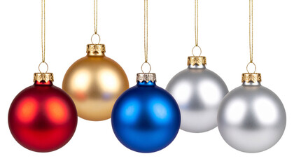 Collection set of five Christmas baubles in silver, blue, gold, and red,  isolated on a transparent PNG background, ideal
