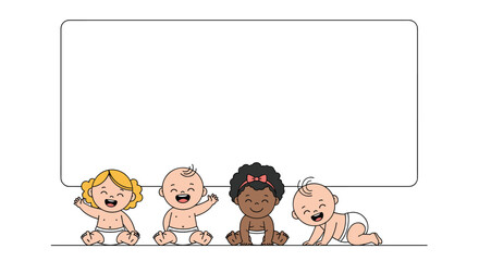Adorable babies in diapers celebrating happiness together with a blank frame for messages